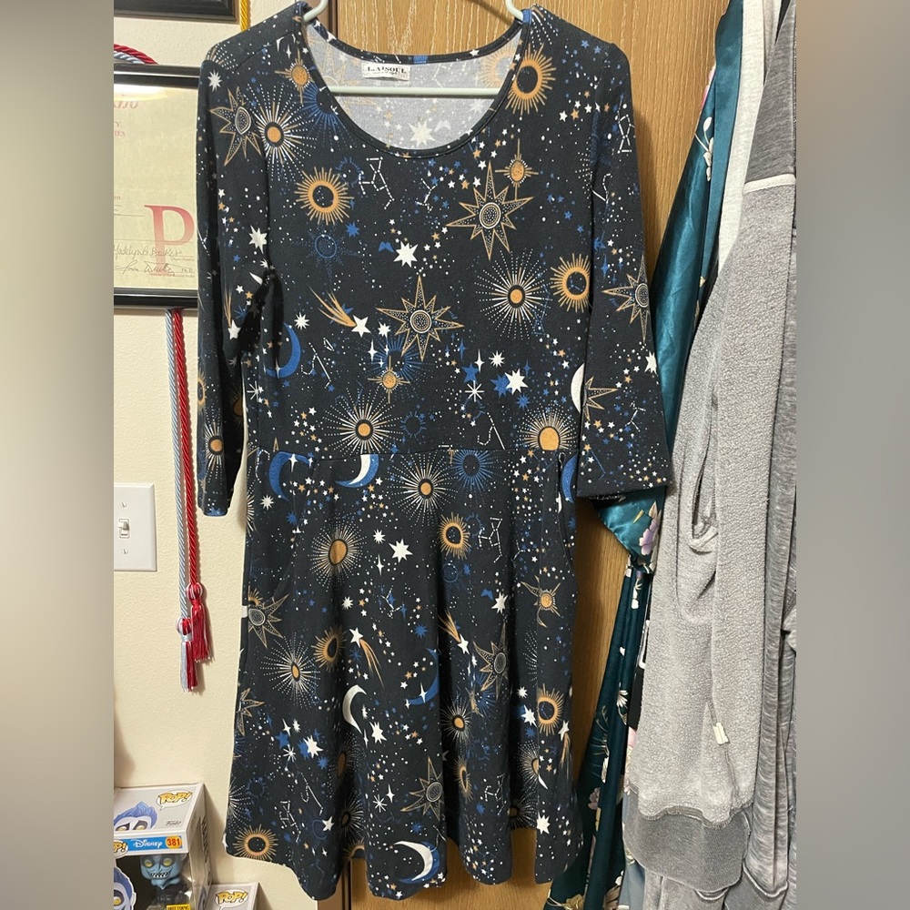 Galaxy Celestial Star Moon 3/4 Sleeve Dress w/ Pockets
